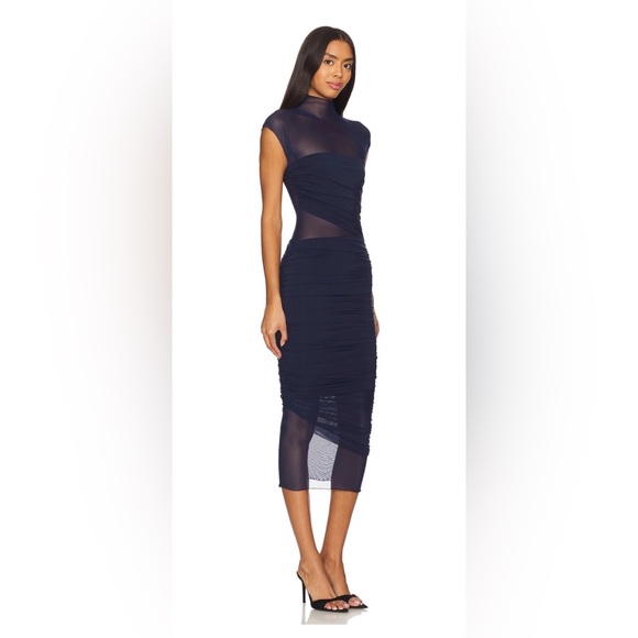 Seroya “Tabitha” Mesh Ruched Midi Dress – Navy – Size S- Retail $350 - Picture 2 of 5